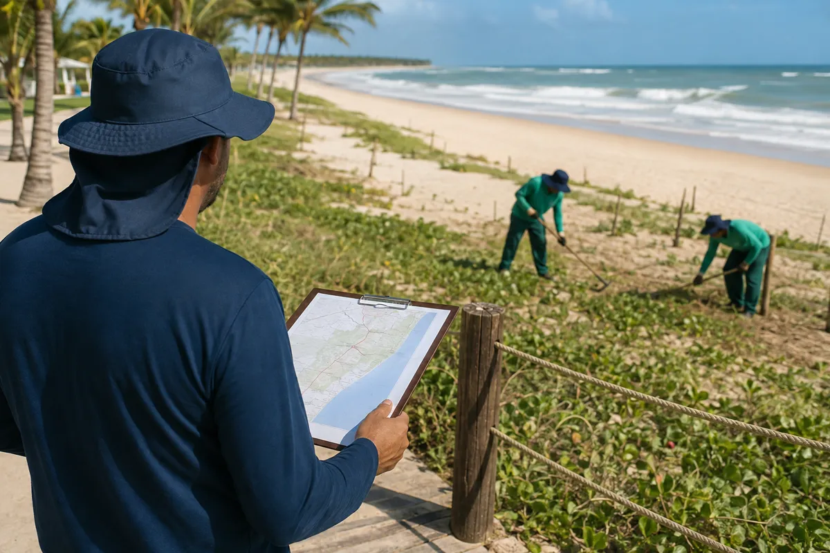 Supervisor realizando vistoria de serviço de limpeza costeira